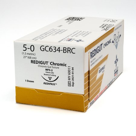 Picture of Suture with Needle Reli® Absorbable Uncoated Undyed Suture Chromic Gut Size 5 - 0 27 Inch Suture 1-Needle 19 mm Length 3/8 Circle Reverse Cutting NeedleGC634-M