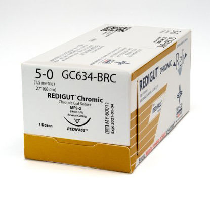 Picture of Suture with Needle Reli® Absorbable Uncoated Undyed Suture Chromic Gut Size 5 - 0 27 Inch Suture 1-Needle 19 mm Length 3/8 Circle Reverse Cutting NeedleGC634-M