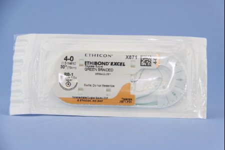Picture of Suture with Needle Ethibond Nonabsorbable Coated Green Suture Braided Polyester Size 4 - 0 30 Inch Suture 1-Needle 17 mm Length 1/2 Circle Taper Point NeedleX871H