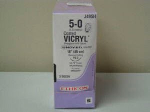 Picture of Suture with Needle Coated Vicryl™ Absorbable Coated Undyed Suture Braided Polyglactin 910 Size 5 - 0 18 Inch Suture 1-Needle 19 mm Length 3/8 Circle Precision Point - Reverse Cutting NeedleJ495H