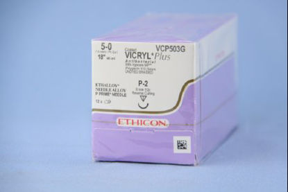 Picture of Antibacterial Suture with Needle Coated Vicryl™ Plus Absorbable Coated Undyed Suture Braided Polyglactin 910 with Irgacare MP Antibacterial Suture Size 5 - 0 18 Inch Suture 1-Needle 8 mm Length 1/2 Circle Precision Point - Reverse Cutting NeedleVCP503G