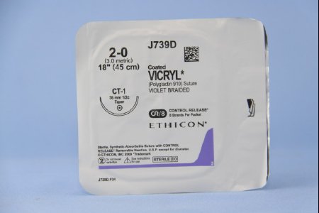 Picture of Suture with Needle Coated Vicryl™ Absorbable Coated Violet Suture Braided Polyglactin 910 Size 2 - 0 18 Inch Suture 1-Needle 36 mm Length 1/2 Circle Taper Point NeedleJ739D