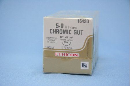 Picture of Suture with Needle Absorbable Uncoated Undyed Suture Chromic Gut Size 5 - 0 18 Inch Suture 1-Needle 16 mm Length 1/2 Circle Reverse Cutting Needle1642G