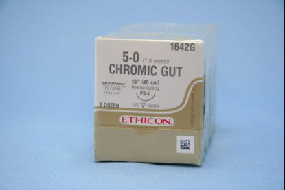 Picture of Suture with Needle Absorbable Uncoated Undyed Suture Chromic Gut Size 5 - 0 18 Inch Suture 1-Needle 16 mm Length 1/2 Circle Reverse Cutting Needle1642G