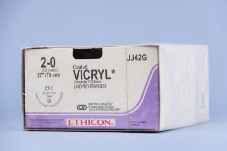 Picture of Suture with Needle Coated Vicryl™ Absorbable Coated Undyed Suture Braided Polyglactin 910 Size 2 - 0 27 Inch Suture 1-Needle 36 mm Length 1/2 Circle Taper Point NeedleJJ42G