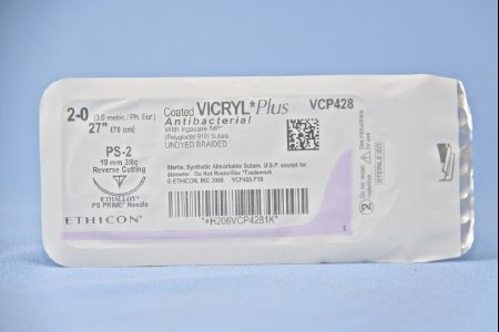 Picture of Antibacterial Suture with Needle Coated Vicryl™ Plus Absorbable Coated Undyed Suture Braided Polyglactin 910 with Irgacare MP Antibacterial Suture Size 2 - 0 27 Inch Suture 1-Needle 19 mm Length 3/8 Circle Precision Point - Reverse Cutting NeedleVCP428H