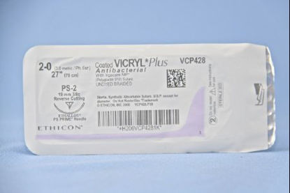 Picture of Antibacterial Suture with Needle Coated Vicryl™ Plus Absorbable Coated Undyed Suture Braided Polyglactin 910 with Irgacare MP Antibacterial Suture Size 2 - 0 27 Inch Suture 1-Needle 19 mm Length 3/8 Circle Precision Point - Reverse Cutting NeedleVCP428H