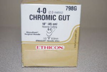 Picture of Suture with Needle Absorbable Uncoated Undyed Suture Chromic Gut Size 4 - 0 18 Inch Suture Double-Armed 8 mm Length 1/2 Circle Reverse Cutting Needle798G