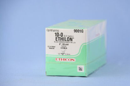 Picture of Suture with Needle Ethilon™ Nonabsorbable Uncoated Black Suture Monofilament Nylon Size 10 - 0 6 Inch Suture Double-Armed 5.5 mm Length 1/2 Circle Spatula Needle9001G