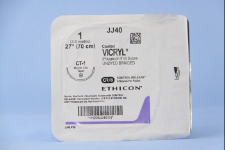 Picture of Suture with Needle Coated Vicryl™ Absorbable Coated Undyed Suture Braided Polyglactin 910 Size 1 27 Inch Suture 1-Needle 36 mm Length 1/2 Circle Taper Point NeedleJJ40G