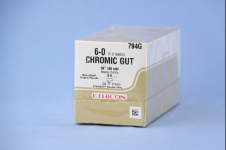 Picture of Suture with Needle Absorbable Uncoated Undyed Suture Chromic Gut Size 6 - 0 18 Inch Suture Double-Armed 8 mm Length 3/8 Circle Reverse Cutting Needle794G