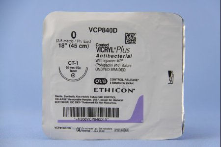 Picture of Antibacterial Suture with Needle Coated Vicryl™ Plus Absorbable Coated Undyed Suture Braided Polyglactin 910 with Irgacare MP Antibacterial Suture Size 0 18 Inch Suture 1-Needle 36 mm Length 1/2 Circle Taper Point NeedleVCP840D