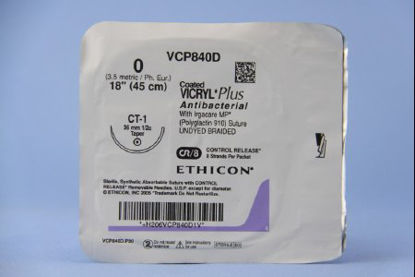 Picture of Antibacterial Suture with Needle Coated Vicryl™ Plus Absorbable Coated Undyed Suture Braided Polyglactin 910 with Irgacare MP Antibacterial Suture Size 0 18 Inch Suture 1-Needle 36 mm Length 1/2 Circle Taper Point NeedleVCP840D