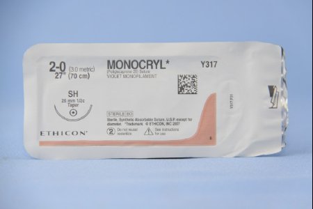 Picture of Suture with Needle Monocryl™ Absorbable Uncoated Violet Suture Monofilament Poliglecaprone Size 2 - 0 27 Inch Suture 1-Needle 26 mm Length 1/2 Circle Taper Point NeedleY317H