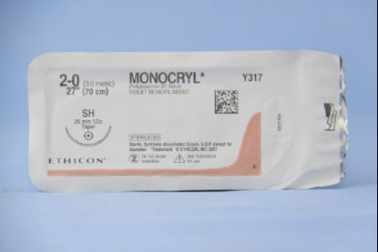 Picture of Suture with Needle Monocryl™ Absorbable Uncoated Violet Suture Monofilament Poliglecaprone Size 2 - 0 27 Inch Suture 1-Needle 26 mm Length 1/2 Circle Taper Point NeedleY317H