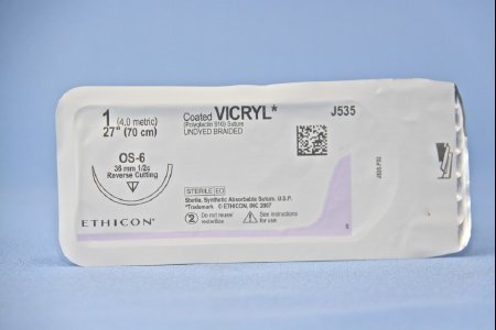 Picture of Suture with Needle Coated Vicryl™ Absorbable Coated Undyed Suture Braided Polyglactin 910 Size 1 27 Inch Suture 1-Needle 36.4 mm Length 1/2 Circle Reverse Cutting NeedleJ535H
