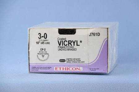 Picture of Suture with Needle Coated Vicryl™ Absorbable Coated Undyed Suture Braided Polyglactin 910 Size 3 - 0 18 Inch Suture 1-Needle 26 mm Length 1/2 Circle Reverse Cutting NeedleJ761D