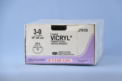 Picture of Suture with Needle Coated Vicryl™ Absorbable Coated Undyed Suture Braided Polyglactin 910 Size 3 - 0 18 Inch Suture 1-Needle 26 mm Length 1/2 Circle Reverse Cutting NeedleJ761D