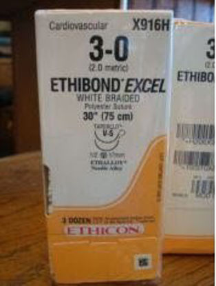 Picture of Suture with Needle Ethibond Nonabsorbable Coated White Suture Braided Polyester Size 3 - 0 30 Inch Suture Double-Armed 17 mm Length 1/2 Circle Taper Cut NeedleX916H