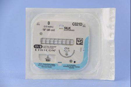 Picture of Suture with Needle Perma-Hand™ Nonabsorbable Coated Black Suture Braided Silk Size 0 18 Inch Suture 1-Needle 36 mm Length 1/2 Circle Taper Point NeedleC021D