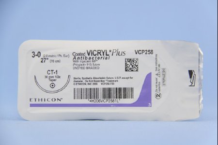 Picture of Antibacterial Suture with Needle Coated Vicryl™ Plus Absorbable Coated Undyed Suture Braided Polyglactin 910 with Irgacare MP Antibacterial Suture Size 3 - 0 27 Inch Suture 1-Needle 36 mm Length 1/2 Circle Taper Point NeedleVCP258H
