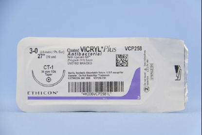 Picture of Antibacterial Suture with Needle Coated Vicryl™ Plus Absorbable Coated Undyed Suture Braided Polyglactin 910 with Irgacare MP Antibacterial Suture Size 3 - 0 27 Inch Suture 1-Needle 36 mm Length 1/2 Circle Taper Point NeedleVCP258H