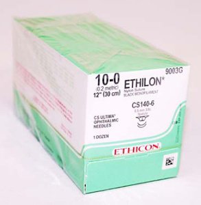 Picture of Suture with Needle Ethilon™ Nonabsorbable Uncoated Black Suture Monofilament Nylon Size 10 - 0 12 Inch Suture Double-Armed 6.5 mm Length 3/8 Circle Spatula Needle9003G