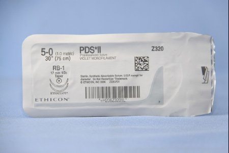Picture of Suture with Needle PDS™ II Absorbable Uncoated Violet Suture Monofilament Polydioxanone Size 5 - 0 30 Inch Suture Double-Armed 17 mm Length 1/2 Circle Taper Point NeedleZ320H