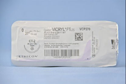 Picture of Antibacterial Suture with Needle Coated Vicryl™ Plus Absorbable Coated Undyed Suture Braided Polyglactin 910 with Irgacare MP Antibacterial Suture Size 0 27 Inch Suture 1-Needle 26 mm Length 1/2 Circle Taper Point NeedleVCP270H