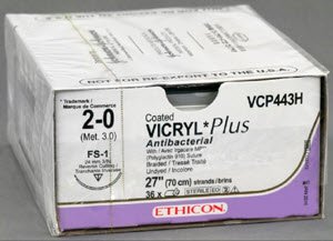 Picture of Antibacterial Suture with Needle Coated Vicryl™ Plus Absorbable Coated Undyed Suture Braided Polyglactin 910 with Irgacare MP Antibacterial Suture Size 2 - 0 27 Inch Suture 1-Needle 24 mm Length 3/8 Circle Reverse Cutting NeedleVCP443H