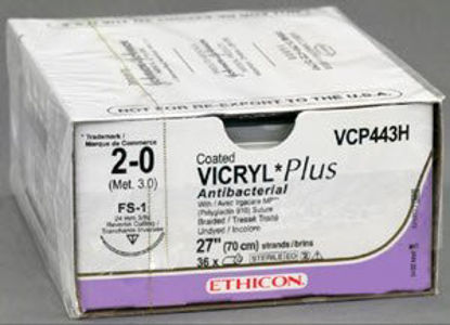 Picture of Antibacterial Suture with Needle Coated Vicryl™ Plus Absorbable Coated Undyed Suture Braided Polyglactin 910 with Irgacare MP Antibacterial Suture Size 2 - 0 27 Inch Suture 1-Needle 24 mm Length 3/8 Circle Reverse Cutting NeedleVCP443H