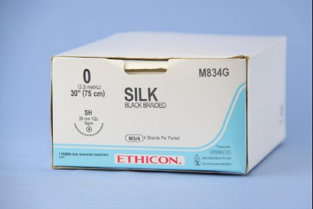 Picture of Suture with Needle Perma-Hand™ Nonabsorbable Coated Black Suture Braided Silk Size 0 30 Inch Suture 1-Needle 26 mm Length 1/2 Circle Taper Point NeedleM834G