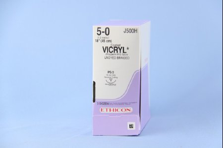 Picture of Suture with Needle Coated Vicryl™ Absorbable Coated Undyed Suture Braided Polyglactin 910 Size 5 - 0 18 Inch Suture 1-Needle 16 mm Length 3/8 Circle Reverse Cutting NeedleJ500H