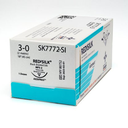 Picture of Suture with Needle Reli® Redisilk™ Nonabsorbable Uncoated Black Suture Braided Silk Size 3 - 0 18 Inch Suture 1-Needle 19 mm Length 3/8 Circle Reverse Cutting NeedleSK7772-M