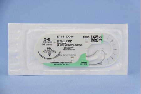 Picture of Suture with Needle Ethilon™ Nonabsorbable Uncoated Black Suture Monofilament Nylon Size 3 - 0 30 Inch Suture 1-Needle 30 mm Length 3/8 Circle Reverse Cutting Needle1691H