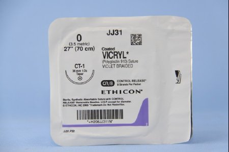 Picture of Suture with Needle Coated Vicryl™ Absorbable Coated Violet Suture Braided Polyglactin 910 Size 0 27 Inch Suture 1-Needle 36 mm Length 1/2 Circle Taper Point NeedleJJ31G