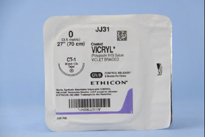 Picture of Suture with Needle Coated Vicryl™ Absorbable Coated Violet Suture Braided Polyglactin 910 Size 0 27 Inch Suture 1-Needle 36 mm Length 1/2 Circle Taper Point NeedleJJ31G
