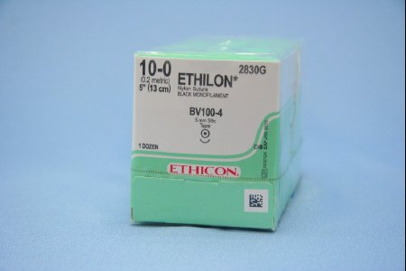 Picture of Suture with Needle Ethilon™ Nonabsorbable Uncoated Black Suture Monofilament Nylon Size 10 - 0 5 Inch Suture 1-Needle 5.1 mm Length 3/8 Circle Taper Point Needle2830G