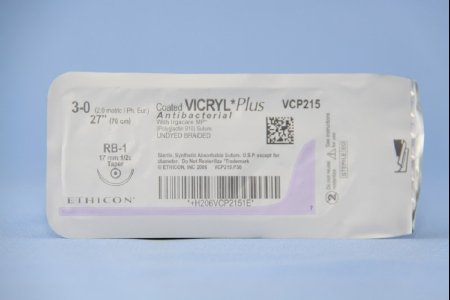 Picture of Antibacterial Suture with Needle Coated Vicryl™ Plus Absorbable Coated Undyed Suture Braided Polyglactin 910 with Irgacare MP Antibacterial Suture Size 3 - 0 27 Inch Suture 1-Needle 17 mm Length 1/2 Circle Taper Point NeedleVCP215H