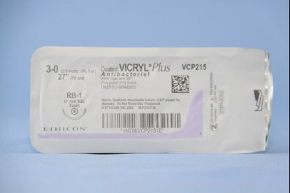 Picture of Antibacterial Suture with Needle Coated Vicryl™ Plus Absorbable Coated Undyed Suture Braided Polyglactin 910 with Irgacare MP Antibacterial Suture Size 3 - 0 27 Inch Suture 1-Needle 17 mm Length 1/2 Circle Taper Point NeedleVCP215H