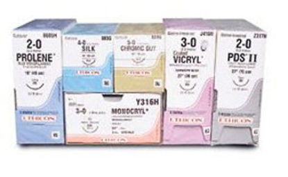 Picture of Suture with Needle Absorbable Uncoated Blue Suture Chromic Gut Size 6 - 0 18 Inch Suture Double-Armed 8 mm Length 3/8 Circle Reverse Cutting Needle795G