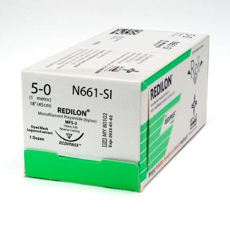 Picture of Suture with Needle Reli® Redilon™ Nonabsorbable Uncoated Black Suture Monofilament Nylon Size 5 - 0 18 Inch Suture 1-Needle 19 mm Length 3/8 Circle Reverse Cutting NeedleN661-M