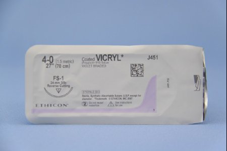 Picture of Suture with Needle Coated Vicryl™ Absorbable Coated Violet Suture Braided Polyglactin 910 Size 4 - 0 27 Inch Suture 1-Needle 24 mm Length 3/8 Circle Reverse Cutting NeedleJ451H