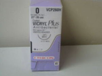 Picture of Antibacterial Suture with Needle Coated Vicryl™ Plus Absorbable Coated Undyed Suture Braided Polyglactin 910 with Irgacare MP Antibacterial Suture Size 0 27 Inch Suture 1-Needle 36 mm Length 1/2 Circle Taper Point NeedleVCP260H