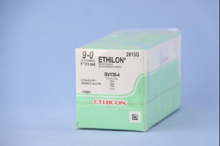 Picture of Suture with Needle Ethilon™ Nonabsorbable Uncoated Black Suture Monofilament Nylon Size 9 - 0 5 Inch Suture 1-Needle 5 mm Length 3/8 Circle Taper Point Needle2813G