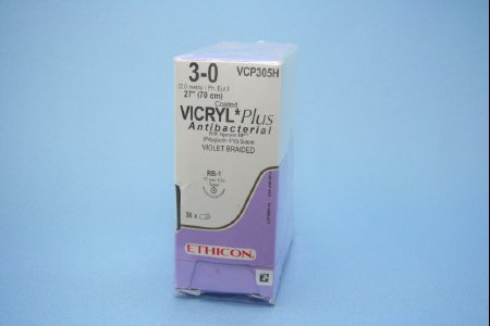 Picture of Antibacterial Suture with Needle Coated Vicryl™ Plus Absorbable Coated Violet Suture Braided Polyglactin 910 with Irgacare MP Antibacterial Suture Size 3 - 0 27 Inch Suture 1-Needle 17 mm Length 1/2 Circle Taper Point NeedleVCP305H