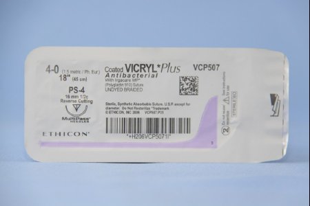 Picture of Antibacterial Suture with Needle Coated Vicryl™ Plus Absorbable Coated Undyed Suture Braided Polyglactin 910 with Irgacare MP Antibacterial Suture Size 4 - 0 18 Inch Suture 1-Needle 16 mm Length 1/2 Circle Precision Point - Reverse Cutting NeedleVCP507G