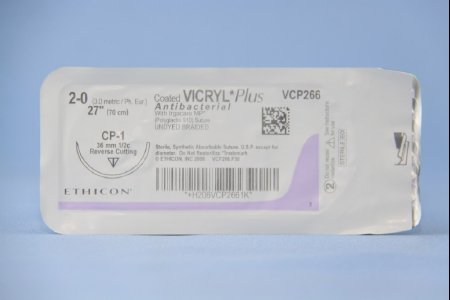 Picture of Antibacterial Suture with Needle Coated Vicryl™ Plus Absorbable Coated Undyed Suture Braided Polyglactin 910 with Irgacare MP Antibacterial Suture Size 2 - 0 27 Inch Suture 1-Needle 36 mm Length 1/2 Circle Reverse Cutting NeedleVCP266H