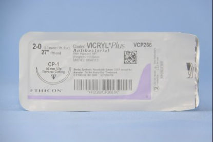 Picture of Antibacterial Suture with Needle Coated Vicryl™ Plus Absorbable Coated Undyed Suture Braided Polyglactin 910 with Irgacare MP Antibacterial Suture Size 2 - 0 27 Inch Suture 1-Needle 36 mm Length 1/2 Circle Reverse Cutting NeedleVCP266H