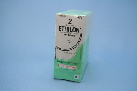 Picture of Suture with Needle Ethilon™ Nonabsorbable Uncoated Black Suture Monofilament Nylon Size 2 30 Inch Suture Double-Armed 75 mm Length 3/8 Circle Reverse Cutting Needle490T